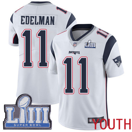 New England Patriots Football #11 Super Bowl LIII Limited White Youth Julian Edelman Road NFL Jersey->youth nfl jersey->Youth Jersey